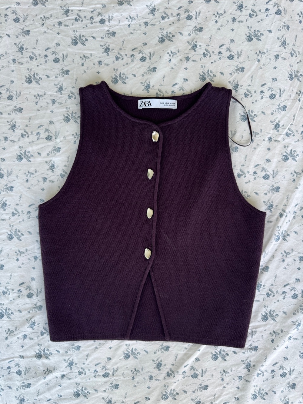 Zara Deep Plum Button-Front Cropped Knit Tank